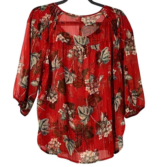Lauren Conrad Size L Floral Print Boho Blouse Red & Gold Sheer Pleated - Picture 4 of 8